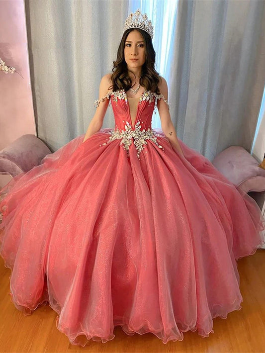 Off Shoulder Princess Quinceanera Dresses Deep V Neck Charming Crystal Beaded Tulle Puffy Ball Gown Sweet 15 16 Party Dress