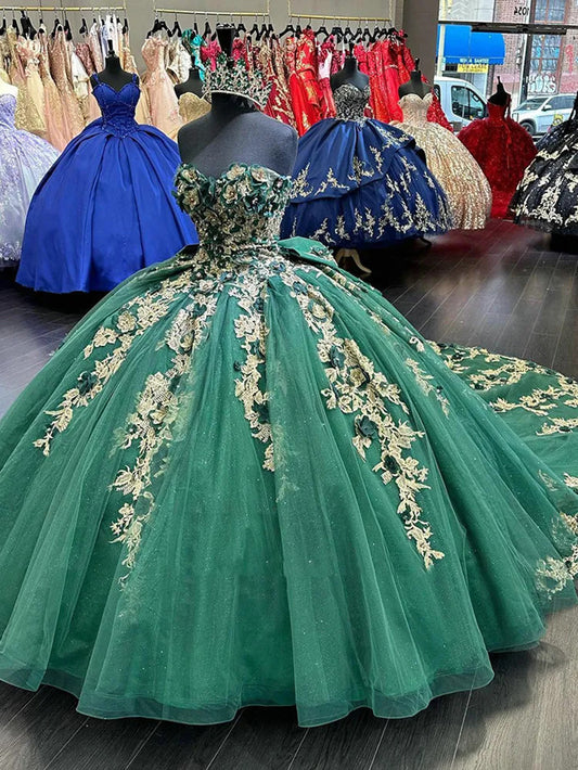 Emerald Green Tulle Quinceanera Dresses Long Train Bow Back Ball Gown Sweetheart 3D Flowers Gold Appliques Sweet 15 Prom Party Dress
