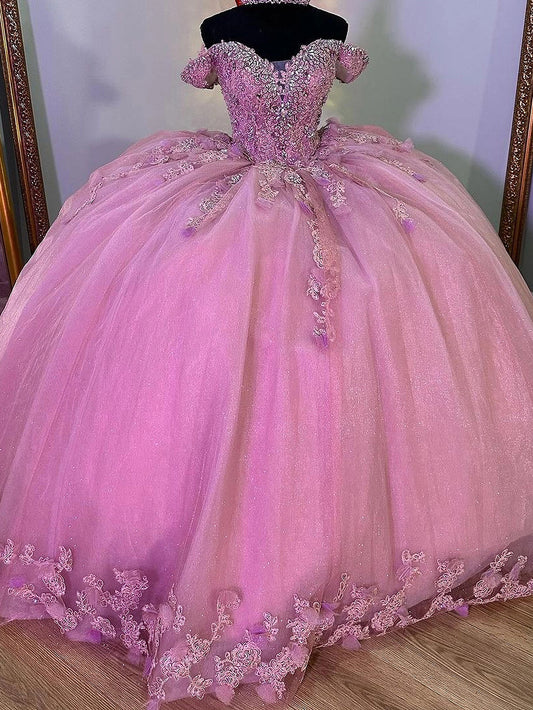 Pink Off The Shoulder Beading Crystal Quinceanera Dresses Ball Gown 3D Flowers Lace Appliques Sweet 15 16 Glitter Tulle Princess Prom Party Gowns