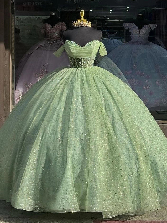Sage Green Sparkly Quinceanera Dresses Off The Shoulder Ball Gown Corset Prom Dress Beaded Glitter Tulle Sweet 15 16 Princess Party Gown