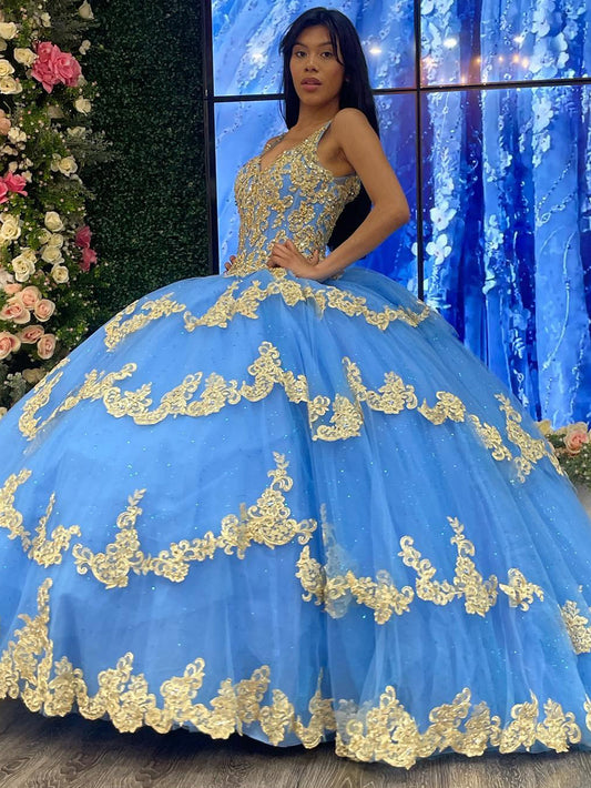 Sky Blue V Neck Ball Gown Quinceanera Dress 2024 Beaded Sequined Flowers Appliques Tiered Ruffles Glitter Tulle Cocktail Dresses Lace Up Princess Party Gown