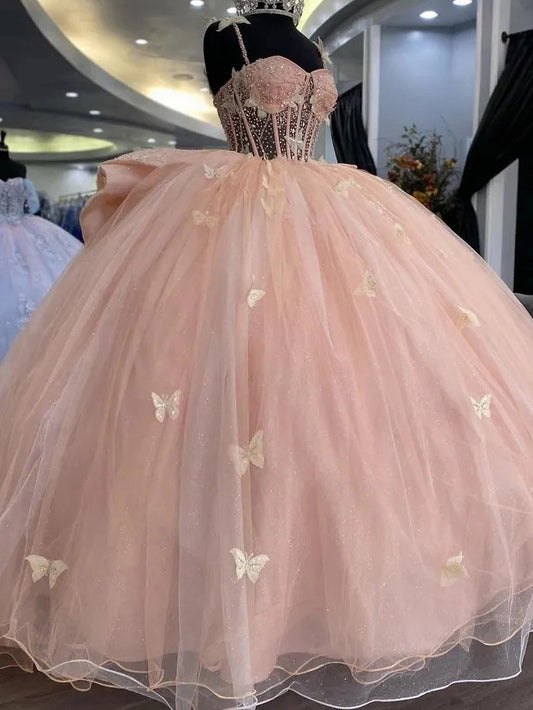 Pink Sweetheart Shiny Corset Ball Gown Spaghetti Straps Princess Evening Dresses Butterfly Big Bow Beaded Sweet 16 Quinceanera Dresses Prom Party Gowns