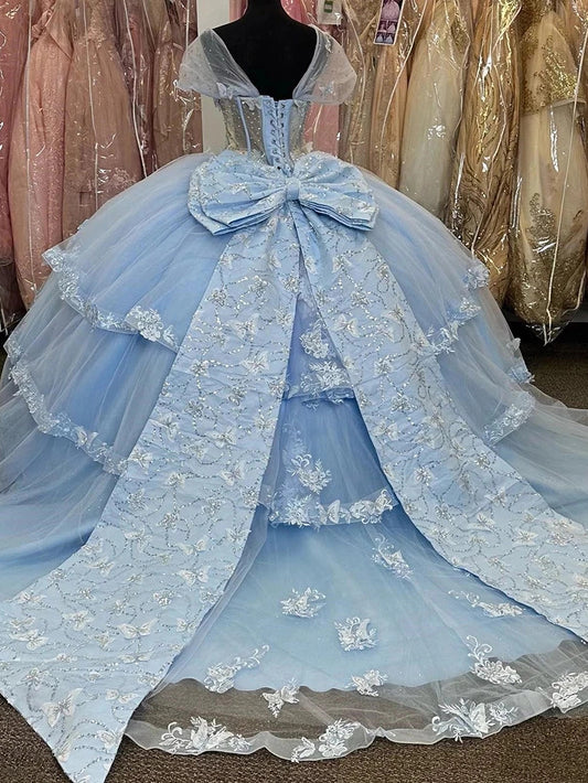 Light Blue Ball Gown Quinceanera Dresses Tiered Tulle Corset Butterfly Beading Birthday Party Dress Lace Up Graduation Gown with Bow