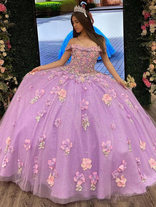 Lilac Quinceanera Dresses Off The Shoulder 3D Flowers Appliques Sequins Corset Glitter Tulle Princess Sweet 15 16 Prom Party Ball Gown