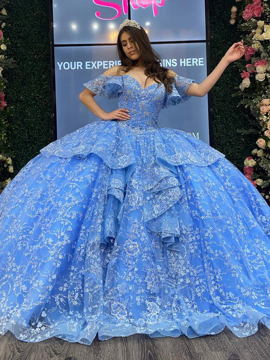 Blue Off Shoulder Sweetheart Ball Gown Princess Quinceanera Dresses 2024 Flowers Lace Appliques Tiered Ruffles Beaded Prom Party Gowns Sweet 16 Dress