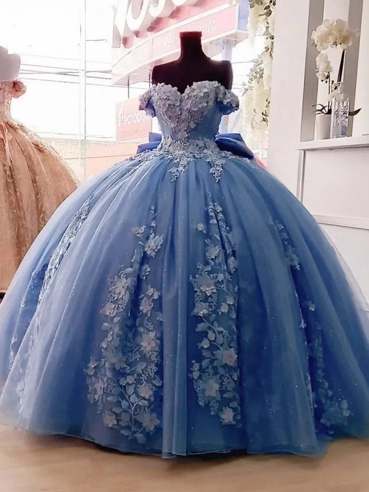 Women's Off Shoulder Quinceanera Dresses Blue Flowers Lace Appliques Beaded Tulle Ball Gown Bow Knot Puffy Prom Dress Sweet 15 16 Dresses