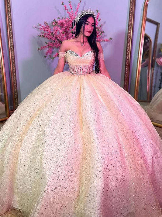 Gorgeous Quinceanera Dresses Ball Gown with Corset Boning Sweetheart Beading Glitter Tulle Off Shoulder Princess Party Gown Sweet 16 Dress