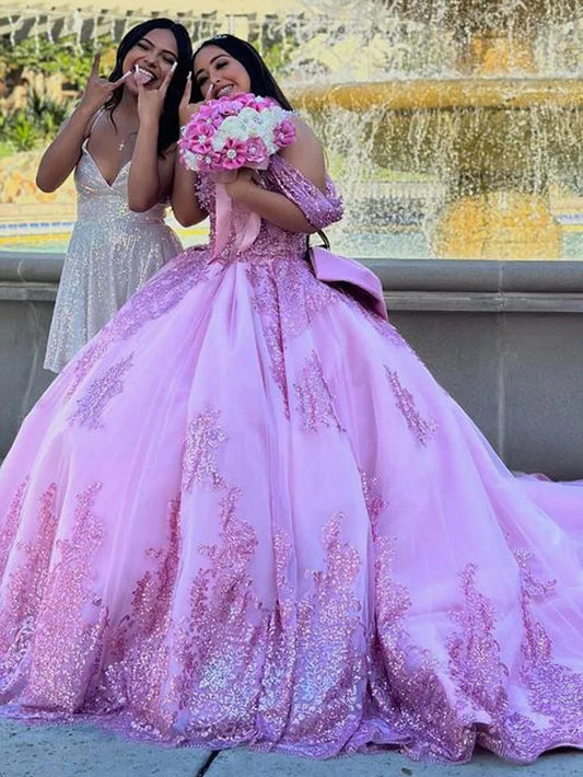 Pink Ball Gown Quinceanera Dresses Off Shoulder Prom Gowns Lace Applique Beaded Glitter Tulle Princess Party Gowns Sweet 16 Dress