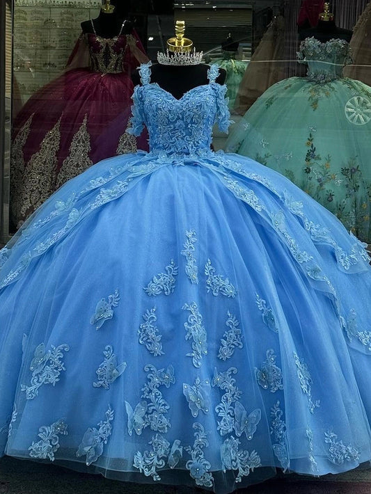 Blue Elegant Butterfly Quincenara Dresses 2024 Ball Gown Off The Shoulder Beading Applique Tiered Ruffles Tulle Sweet 16 Prom Party Dress