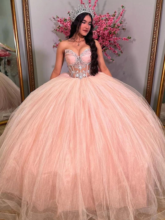 Pink Strapless Sweetheart Corset Ball Gown Princess Quinceanera Dresses Lace Appliques Beaded Tulle Formal Prom Party Gowns Sweet 16 Dress