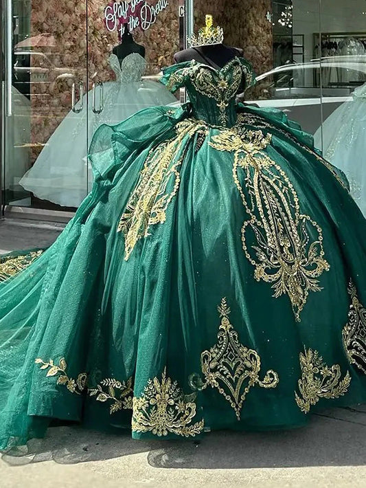 Emerald Green Off The Shoulder Beading Corset Ruffles Quinceanera Dress Ball Gown Gold Lace Appliques Princess Sweet 15 16 Birthday Party Gown