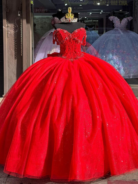 Red Off Shoulder Sweetheart Corset Ball Gown Princess Quinceanera Dresses Beading Corset Glitter Tulle Sweet 16 Dress Prom Party Gowns