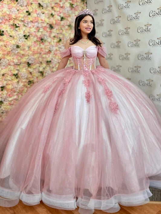 Pink Sweetheart Off the Shoulder Quinceanera Dresses Lace Appliques Corset Glittering Beading Tulle Formal Birthday Party Prom Princess Ball Gown