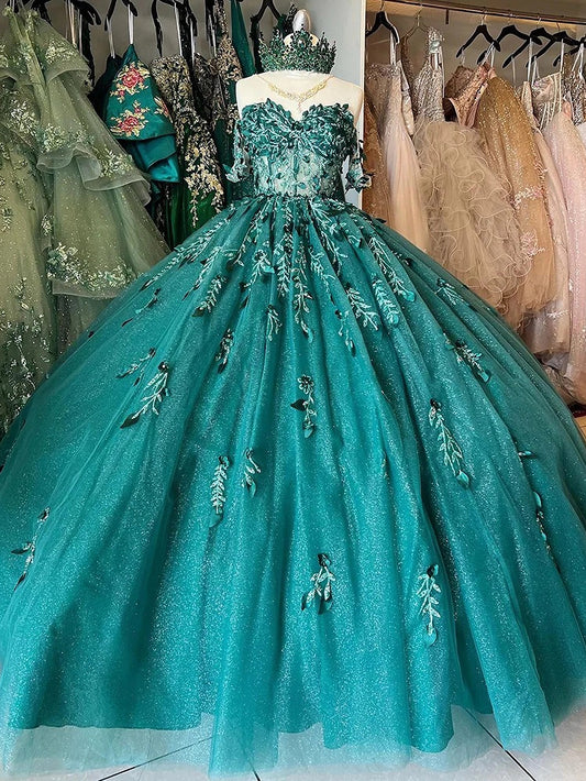 Glitter Emerald Green Princess Quinceanera Dresses 2024 Off Shoulder Sweetheart Corset Ball Gown Beaded Flowers Lace Applique Tulle Sweet 16 Dress