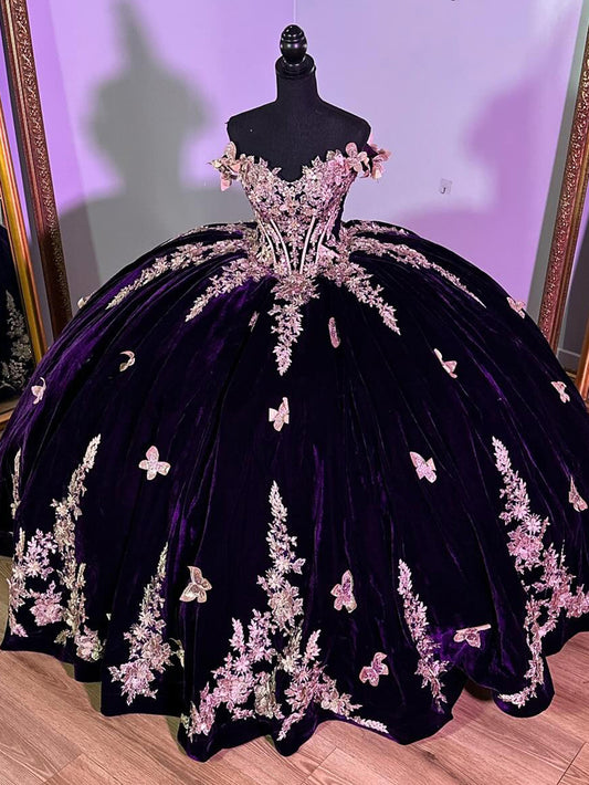 Elegant Dark Purple Velvet Quinceanera Dresses Ball Gown 2024 with Gold Flowers Butterfly Appliques Off Shoulder Beaded Corset Sweet 16 Dress Party Gown