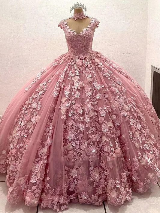 Pink Princess Quinceanera Dresses 3D Flower Beading Tulle V Neck Appliques Puffy Ball Gown Sweet 16 Birthday Party Dress