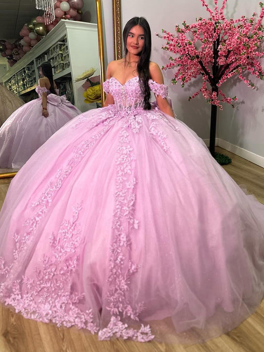 Pink Off Shoulder Sweetheart Corset Ball Gown Princess Quinceanera Dresses Lace Appliques Beaded Sparkly Tulle Bow Prom Party Gowns Sweet 16 Dress