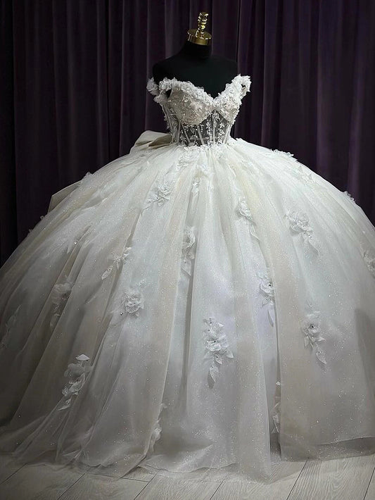 Off Shoulder Princess Quinceanera Dresses 2024 Sweetheart Corset Ball Gown Flowers Appliques Sparkly Beaded Tulle Formal Prom Party Gowns Sweet 16 Dress