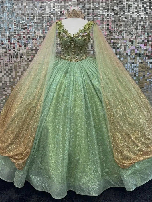 Sparkly Sage Green Off Shoulder Ball Gown Quinceanera Dresses Sweetheart Corset Flowers Appliques Beads Glitter Tulle Sweet 16 Dress with Train