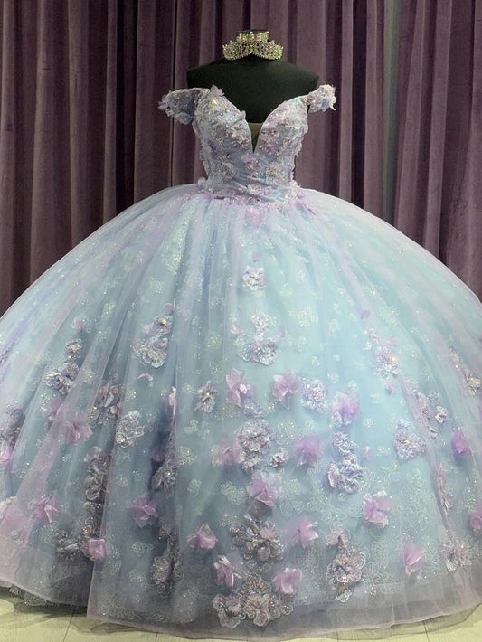Princess Quinceanera Dress 2024 3D Flower Applique Off The Shoulder V Neck Ball Gown Beading Glitter Tulle Birthday Prom Party Sweet 16 Gowns