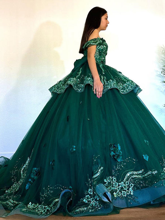 Emerald Green Quinceanera Dresses Ball Gown Flowers Lace Appliques Off Shoulder Beaded Tulle Tiered Ruffles Puffy Sweet 15 16 Dresses