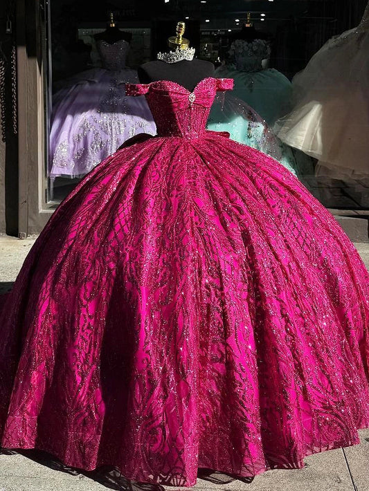 Hot Pink Off The Shoulder Sweetheart Glitter Tulle Ball Gown Quinceanera Dresses Beading Corset Detachable Bow Princess Party Gown Sweet 16 Dress