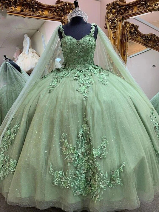 Sage Green Quinceanera Dresses with Cape Lace Appliques V Neck  Beaded Puffy Tulle Princess Long Ball Gown Sweet 15 16 Dress