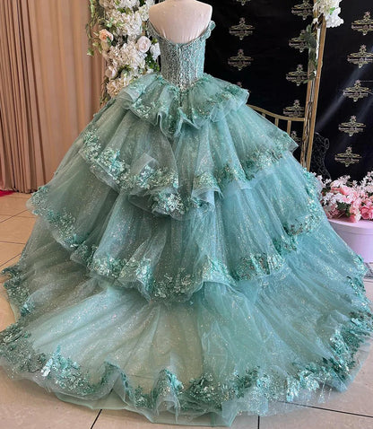 Green Off Shoulder Sweetheart Corset Ball Gown Princess Quinceanera Dresses Sparkly Lace Appliques Beaded Tulle Tiered Ruffles Sweet 16 Dress Party Gowns