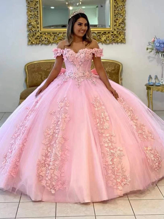 Off The Shoulder Lace Pink Quinceanera Dresses Appliques Beaded Ball Gowns Bow Back Sweet 15 16 Birthday Party Dress