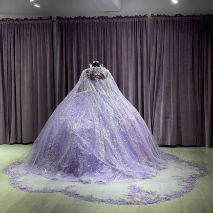 Lavender Strapless Quinceanera Dress for Women Beading 3D Flowers lace Appliques Glitter Tulle Princess Party Prom Dresses Sweet 16 Gowns