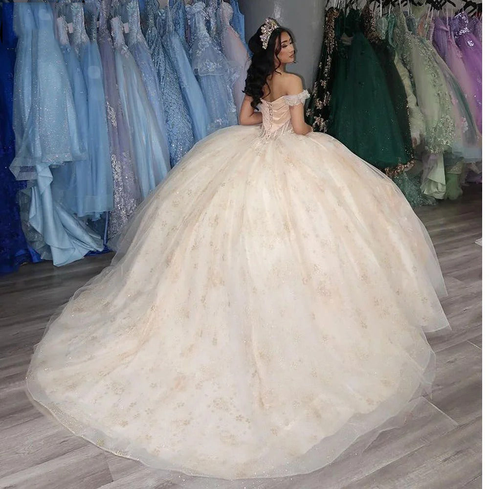 Princess Quinceanera Dresses Off Shoulder Applique Flower Beads Sweetheart Corset Sweet 16 Dress Tulle Birthday Prom Gowns Lace-up