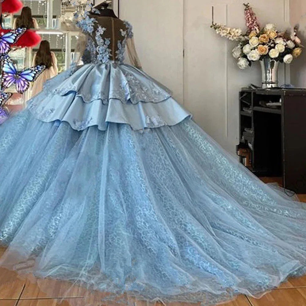 Blue Quinceanera Dresses 3D Flowers Lace Applique Beaded Scoop Neck Tulle Tiered Long Sleeves Sweet 15 16 Princess Party Ball Gown