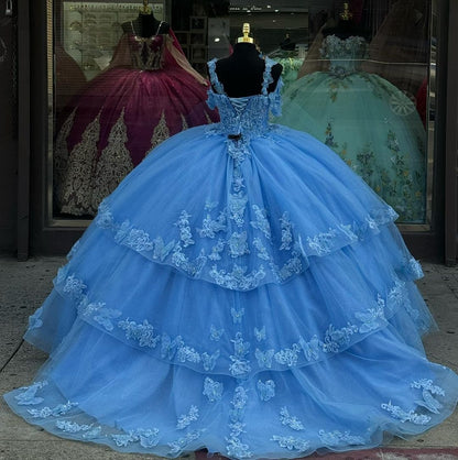 Blue Elegant Butterfly Quincenara Dresses 2024 Ball Gown Off The Shoulder Beading Applique Tiered Ruffles Tulle Sweet 16 Prom Party Dress