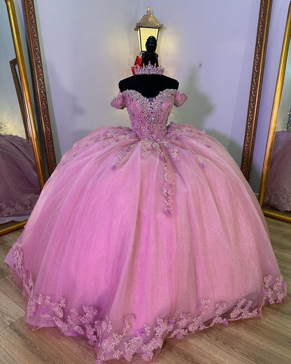 Pink Off The Shoulder Beading Crystal Quinceanera Dresses Ball Gown 3D Flowers Lace Appliques Sweet 15 16 Glitter Tulle Princess Prom Party Gowns