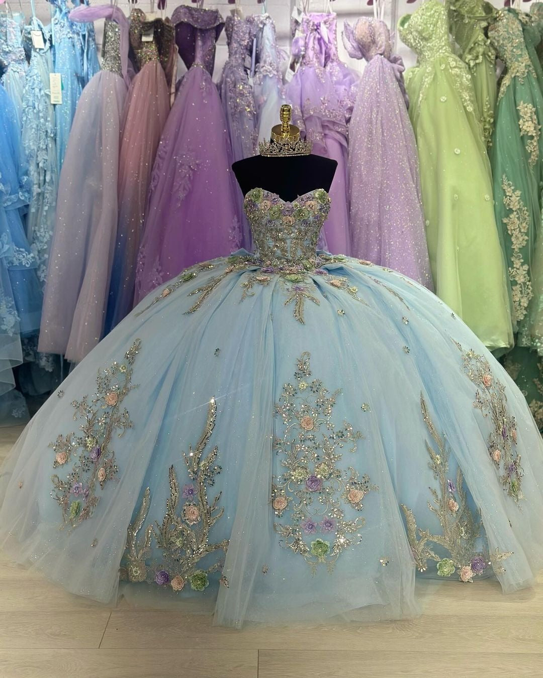 Light Blue Quinceanera Dress Ball Gown Colorful 3D Floral Flowers Lace Applique Strapless Beading with Bow Sweet 16 Birthday Party Gowns