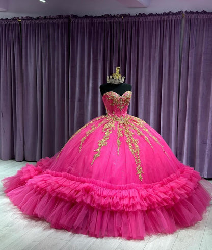 Bright Pink Quinceanera Dresses For Sweet 15 16 Girls Ball Gown Strapless Corset Gold Lace Appliques Tiered Ruffle Beaded Birthday Party Gown