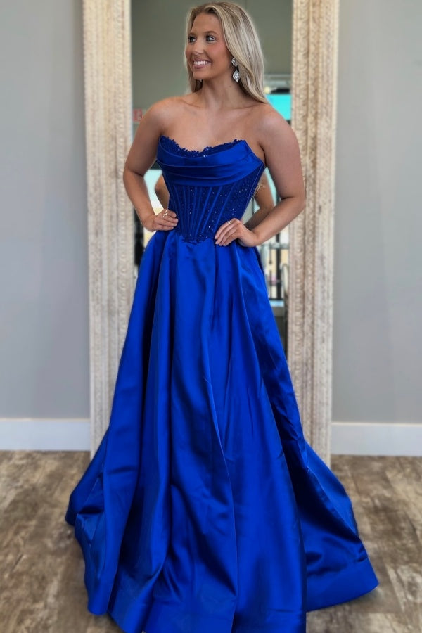 Kissprom Blue One Shoulder Prom Dress Furlla Women Royal Blue Satin Gown With Strapless Glitter Bodice A-Line Silhouette Prom Dress, Royal Blue US6 Kissprom Blue One Shoulder Prom Dress Furlla Women Royal Blue Satin Gown With Strapless Glitter Bodice A-Line Silhouette Prom Dress, Royal Blue US6