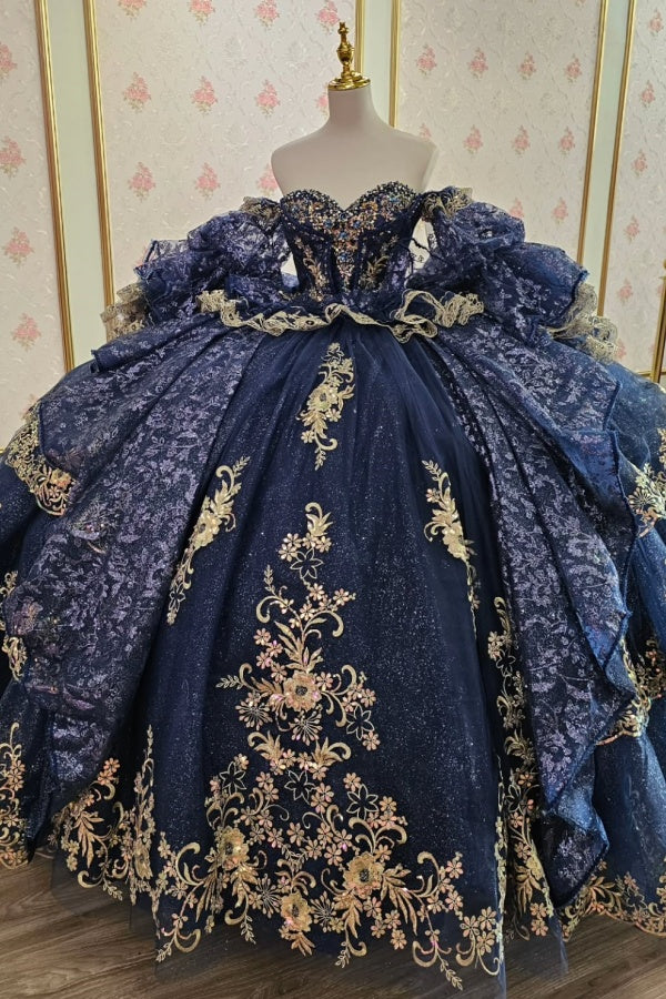 Strapless Long Sleeves Dark Navy Quinceanera Dress with Beaded Gold Appliques Sequins for Sweet 15 WQ1489 Custom Color / 16 Strapless Long Sleeves Dark Navy Quinceanera Dress with Beaded Gold Appliques Sequins for Sweet 15 WQ1489 Custom Color / 16