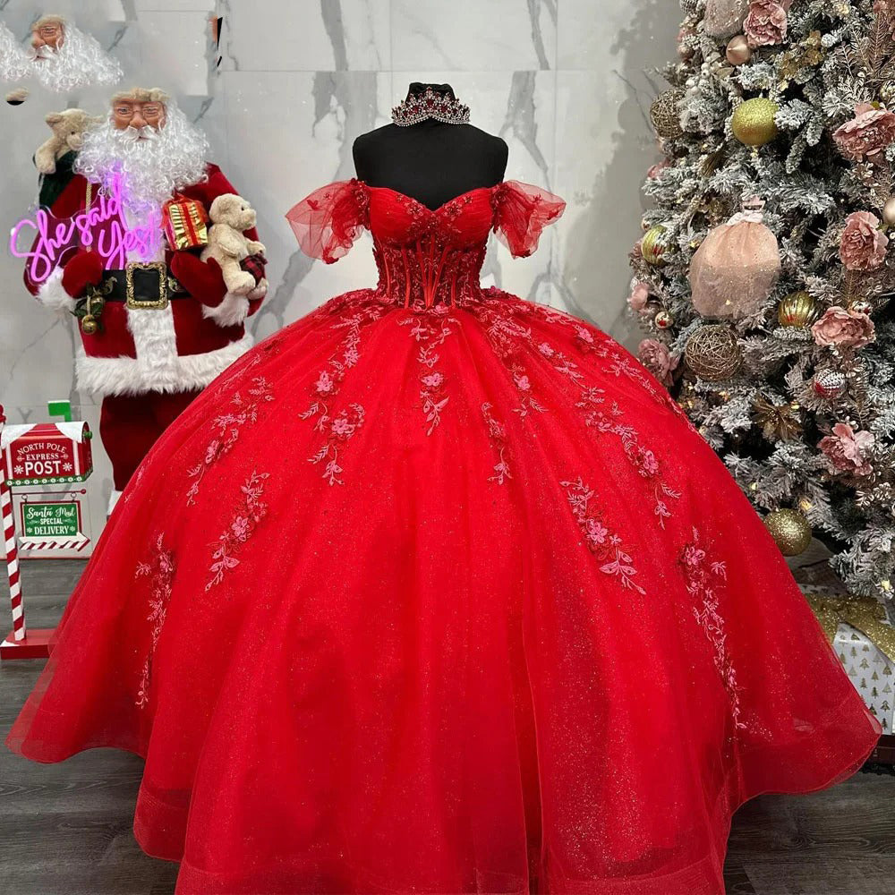 Red Quinceanera Dresses 2024 Sweetheart Ball Gown Princess Birthday Gown Off Shoulder Applique Lace Corset Beads Tulle Sweet 16 Dress
