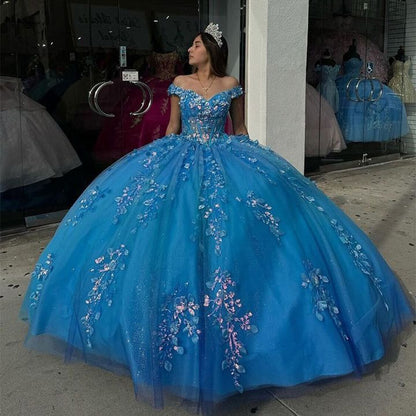 Blue Off Shoulder Ball Gown Quinceanera Dress for Girls Beaded Lace Appliques Corset Glitter Tulle Birthday Party Dresses Ball Gowns Sweet 15 16 Dress