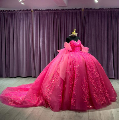 Hot Pink Off Shoulder Sweetheart Corset Ball Gown Quinceanera Dresses with Long Sleeves Lace Appliques Sparkly Beaded Tulle Princess Party Gowns Sweet 16 Dress