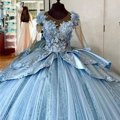 Blue Quinceanera Dresses 3D Flowers Lace Applique Beaded Scoop Neck Tulle Tiered Long Sleeves Sweet 15 16 Princess Party Ball Gown