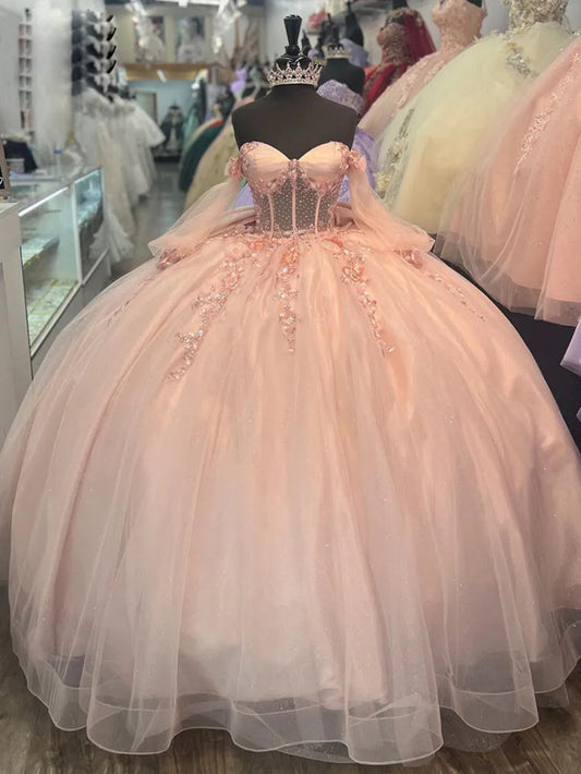 Pink Off the Shoulder Quinceanera Dresses Sweetheart Tulle Corset Princess Ball Gown Beaded 3D Flowers Appliques Sweet 15 16 Party Dress