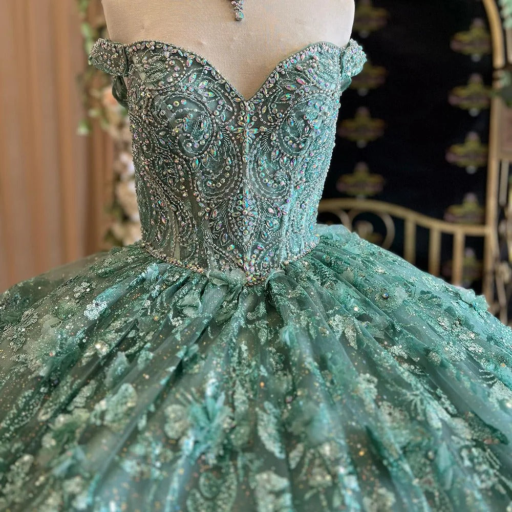 Green Off Shoulder Sweetheart Corset Ball Gown Princess Quinceanera Dresses Sparkly Lace Appliques Beaded Tulle Tiered Ruffles Sweet 16 Dress Party Gowns