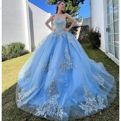 Sky Blue Quinceanera Dresses 2024 Ball Gown Strapless Lace Appliques Sparkly Beaded Tulle Tiered Ruffles Prom Birthday Party Gowns Sweet 16 Dress