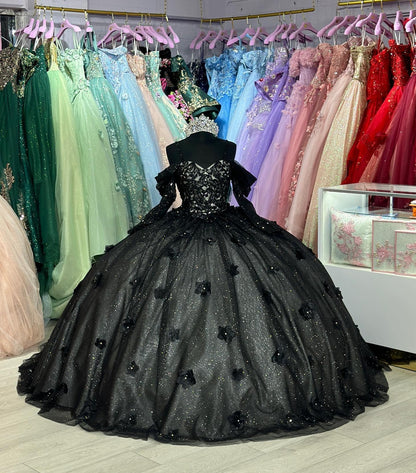Black Off Shoulder Sweetheart Princess Quinceanera Dresses with Long Sleeves Flowers Appliques Glitter Tulle Prom Party Gowns Sweet 16 Dress