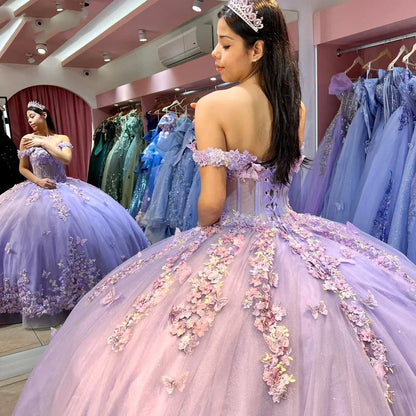 Lavender Quinceanera Dresses Ball Gown Beaded Lace Butterfly Appliques Off Shoulder Corset Sweet 16 Dress Princess Party Gown Lace Up