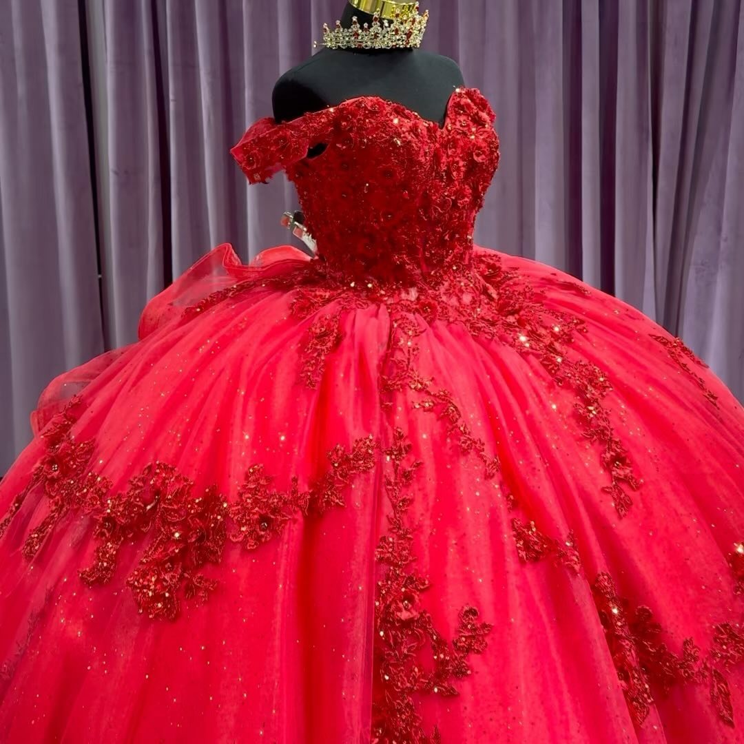 Red Off Shoulder Sweetheart Corset Princess Quinceanera Dress Ball Gown Lace Appliques Sparkly Beaded Tiered Ruffles Tulle Prom Party Gowns Sweet 16 Dresses with train