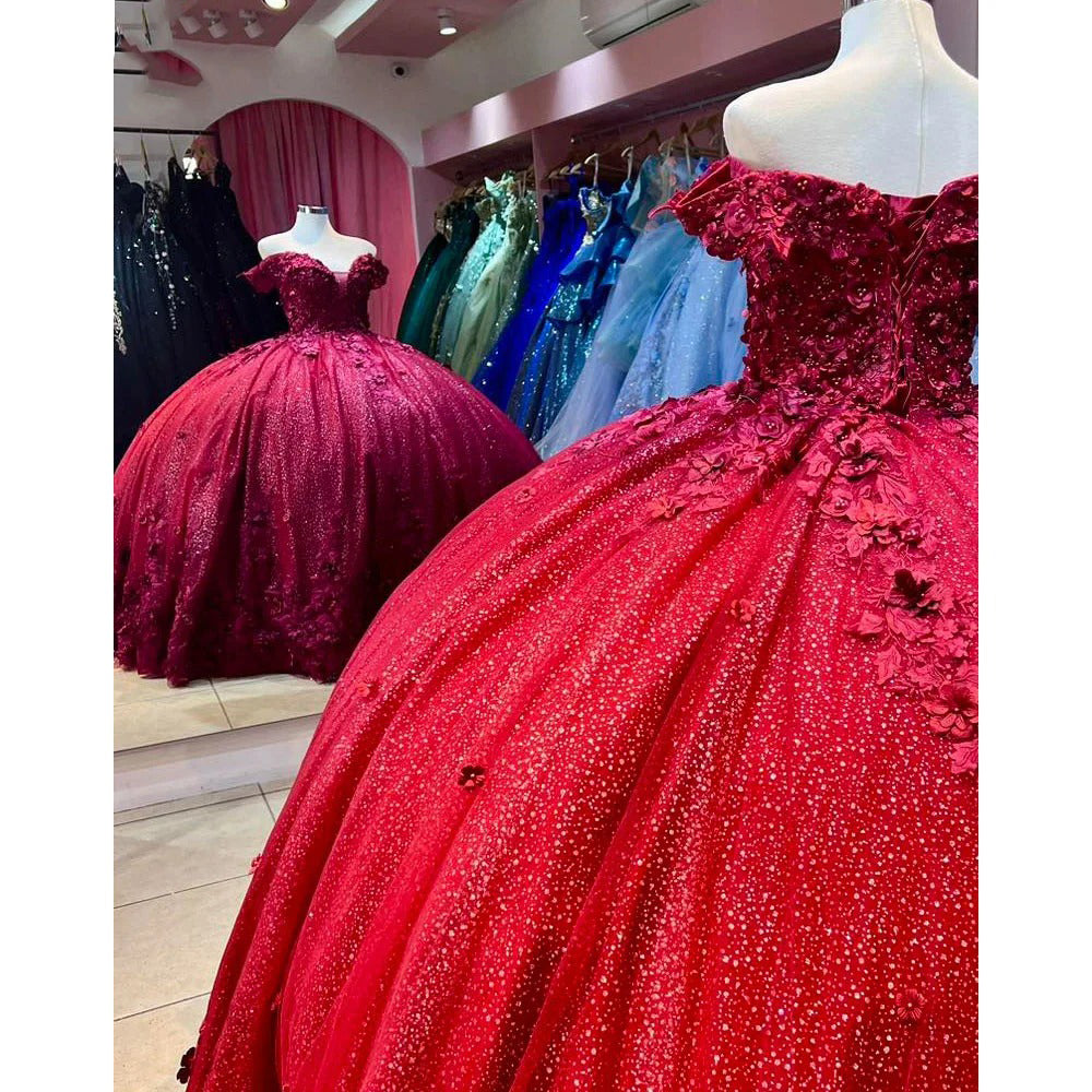 Sparkly Red Quinceanera Dresses Off The Shoulder Beads Floral Appliques Ball Gown Sweet 15 16 Dress Glitter Tulle Birthday Princess Party Gowns