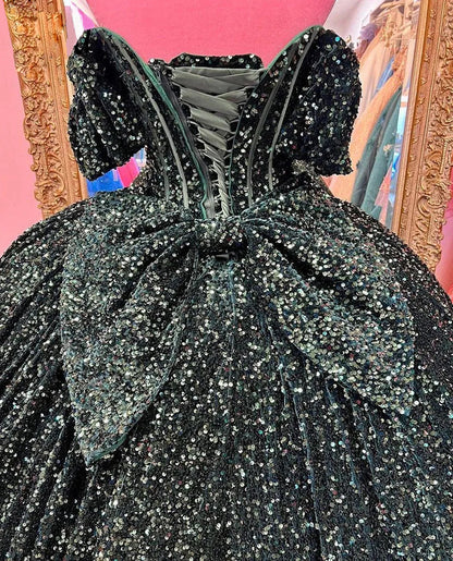 Emerald Green Sweetheart Sparkly Quinceanera Dresses 2024 Glitter Tulle Beaded Corset Princess Ball Gown Puff Sleeves Prom Party Gowns Sweet 16 Dress